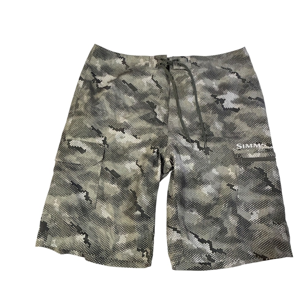 Simms SolarFlex Mens 38 Grey Hex Camo Fishing Board Shorts 37256